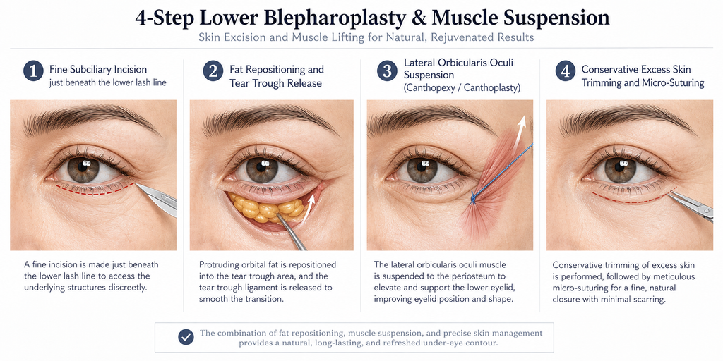 Lower blepharoplasty surgical illustration showing under-eye fat repositioning, tear trough release, muscle suspension, and conservative skin excision.