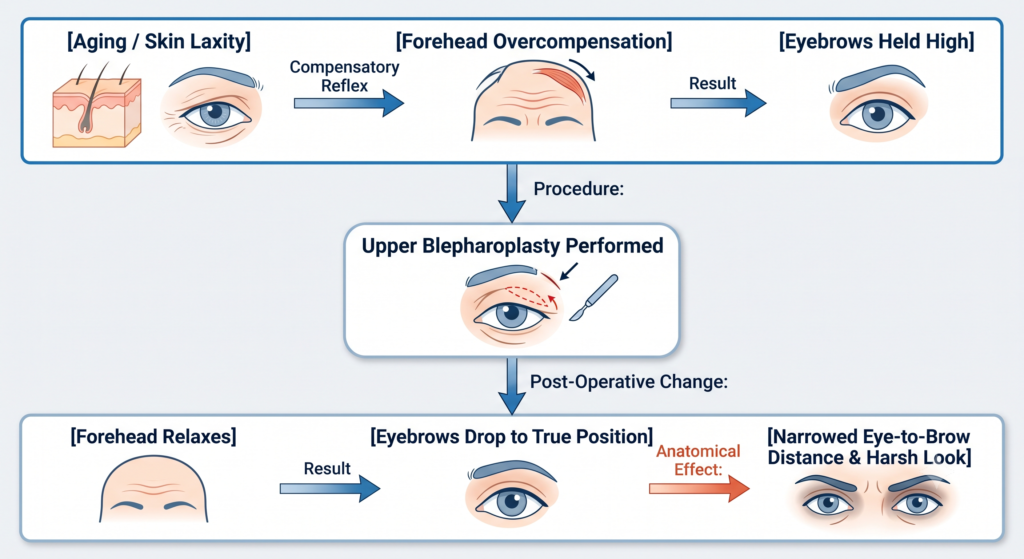 A flowchart illustrating the anatomical changes before and after upper blepharoplasty. It shows how the forehead muscle compensates for aging skin laxity by holding the eyebrows high, and how the subsequent relaxation of this muscle after surgery can cause the eyebrows to drop to their true position, narrowing the eye-to-brow distance and creating a harsher look.