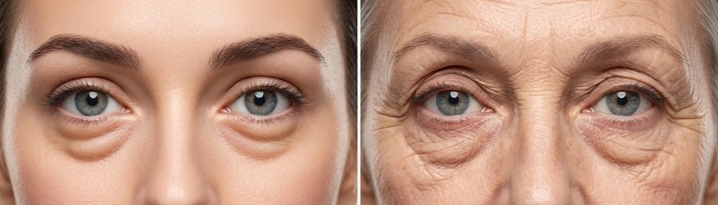 Left Image: A suitable case for transconjunctival under-eye fat repositioning. This procedure is often recommended for younger individuals (as shown) with localized puffiness and fat bags, but with relatively firm skin and good elasticity. It helps to smooth the under-eye contour and reduce dark circle shadows.
Right Image: A suitable case for lower blepharoplasty (subciliary incision). This more comprehensive surgery is typically best for older individuals (as shown) with significant skin sagging, deep wrinkles, and lax muscle tone. It involves removing excess skin and fat and tightening the underlying structures for a radical lifting and rejuvenation effect.